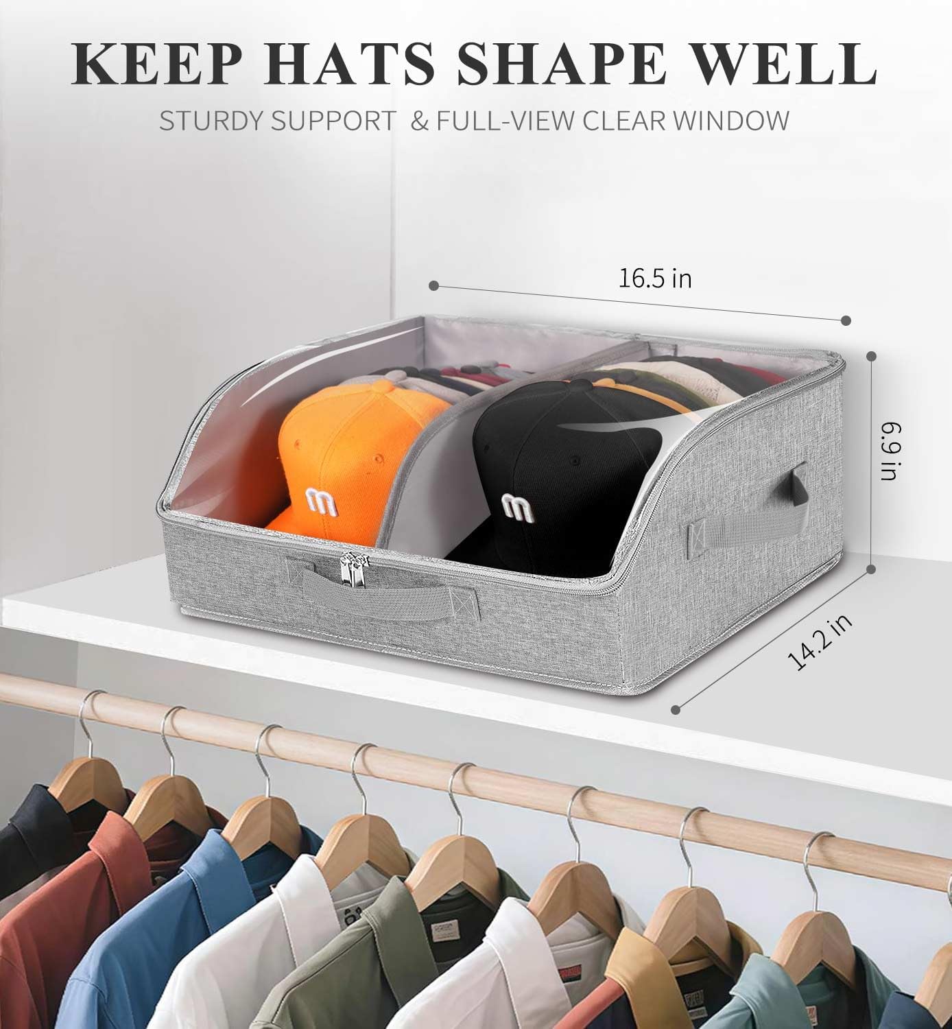 Hat Organizer for Baseball Caps, 2 Compartments Clear Window Hat Storage Box for Closet Hold Up to 24 Caps, Hats Holder Container with Sturdy Cardboard for Home Storage | Gray