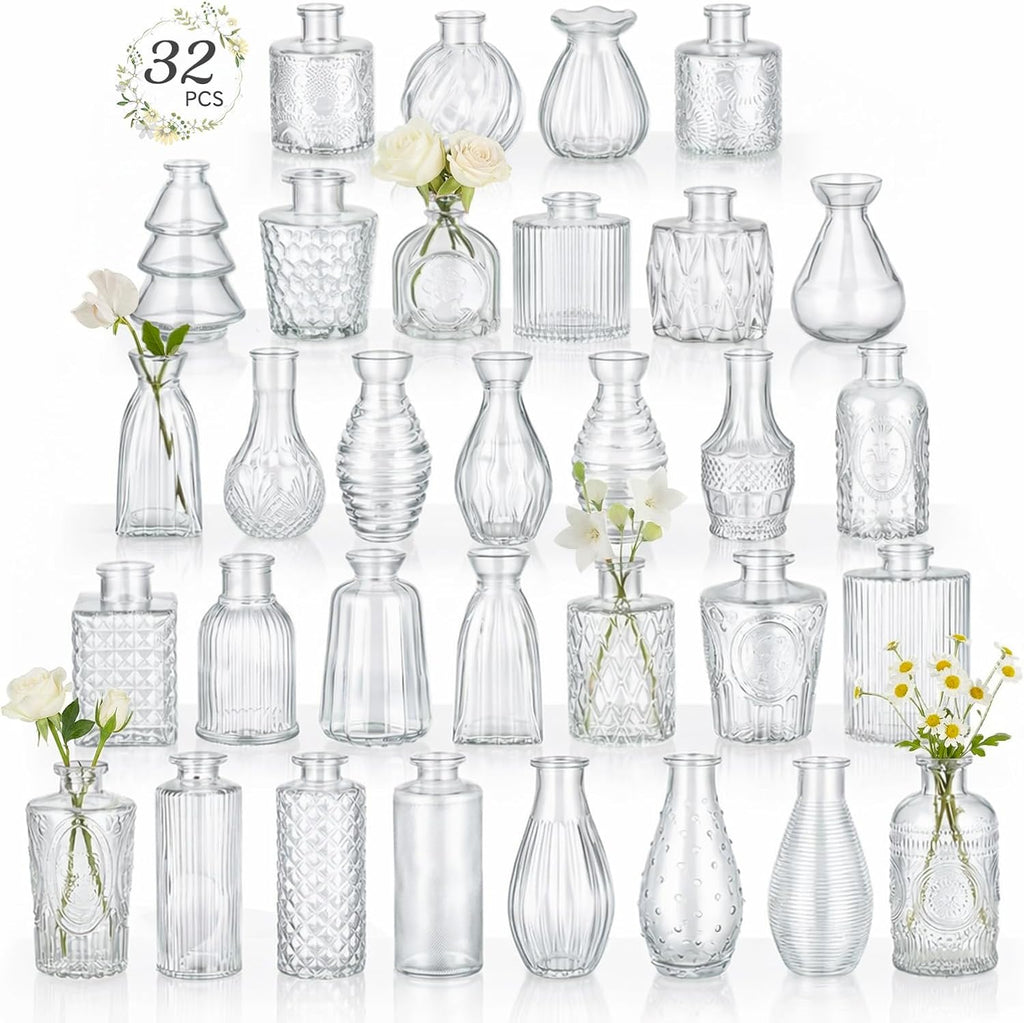 RUCKAE Glass Bud Vases Mini Flower Vase Small Vintage Vases for Centerpiece Table Wedding Decorations Home Decor Party(Transparent 32pack)