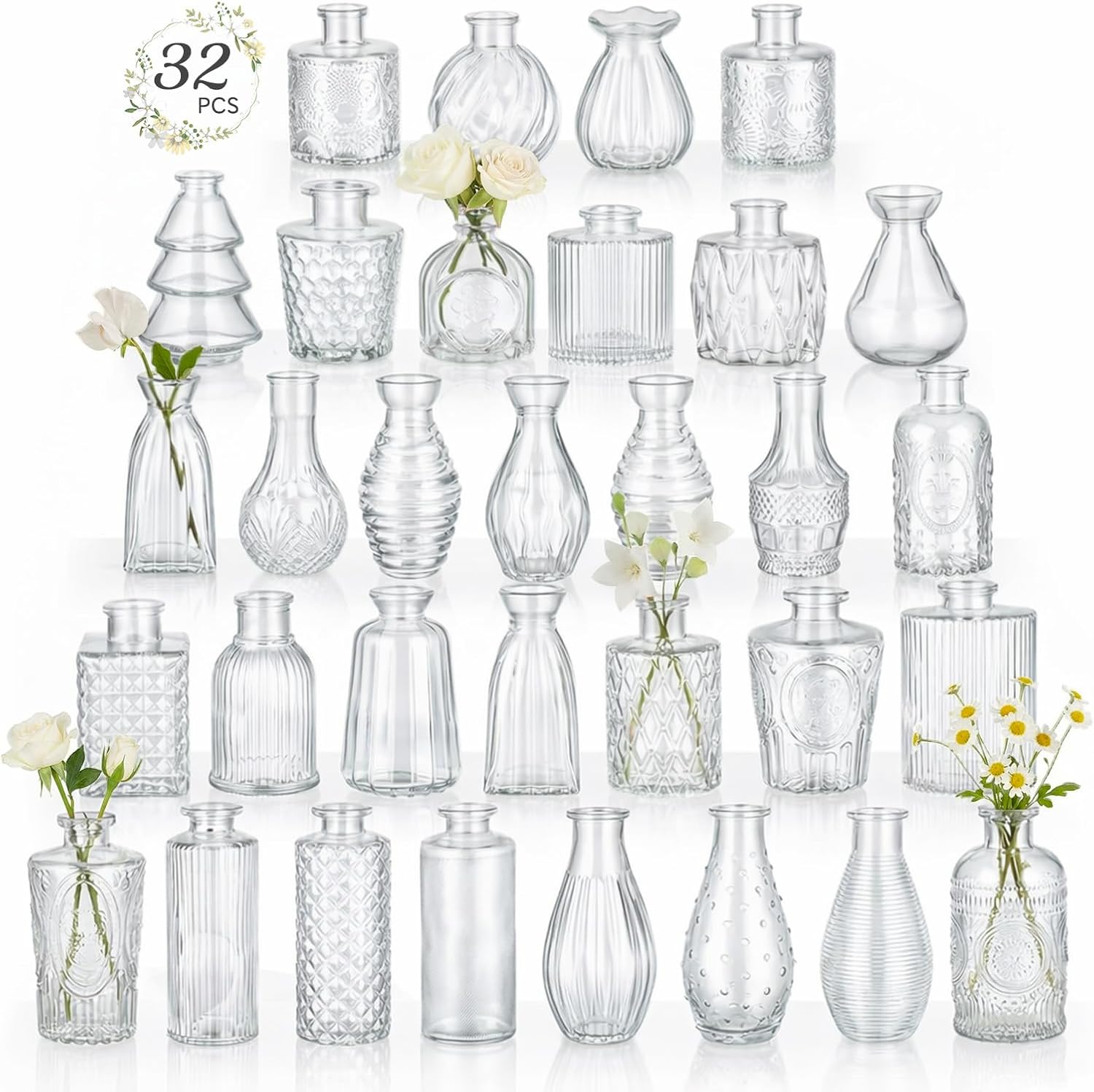 RUCKAE Glass Bud Vases Mini Flower Vase Small Vintage Vases for Centerpiece Table Wedding Decorations Home Decor Party(Transparent 32pack)