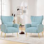 Modern Accent Chairs Set of 2 Upholstered Living Room Chairs,High Back Arm Chairs with Metal Legs Lumbar Reading Chair for Bedroom, Apartment, Small Spaces Sky Blue