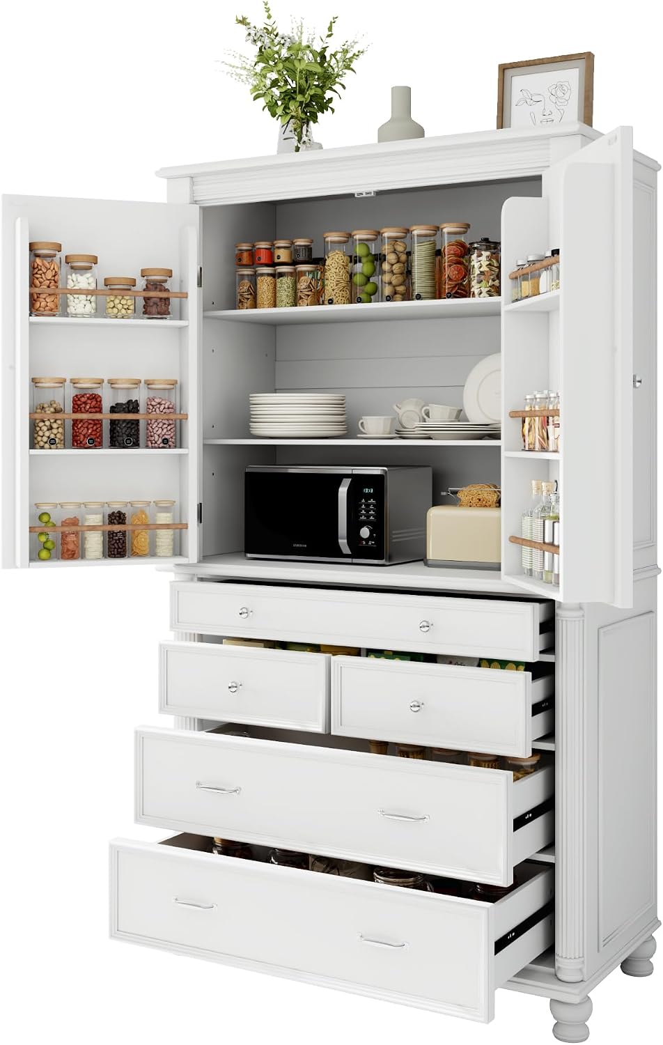 roomfitters 77 Inch Large Freestanding Kitchen Pantry Cabinet with 5 Drawers and 6 Door Shelves, Vintage White