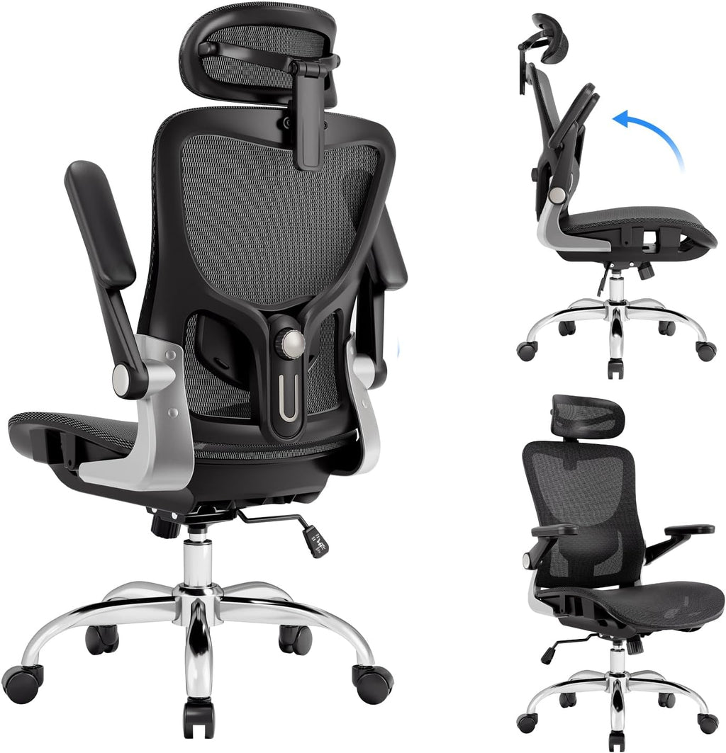 marrap Ergonomic Office Chair, Mesh Desk Chair with 3D Armrests, Adjustable Lumbar Support and Headrest, 90-120° Rocking Function, Black