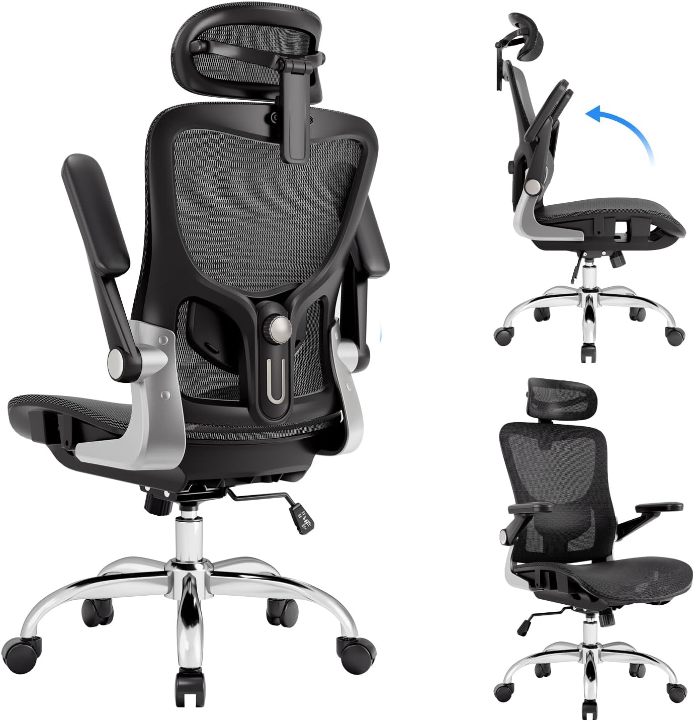 marrap Ergonomic Office Chair, Mesh Desk Chair with 3D Armrests, Adjustable Lumbar Support and Headrest, 90-120° Rocking Function, Black