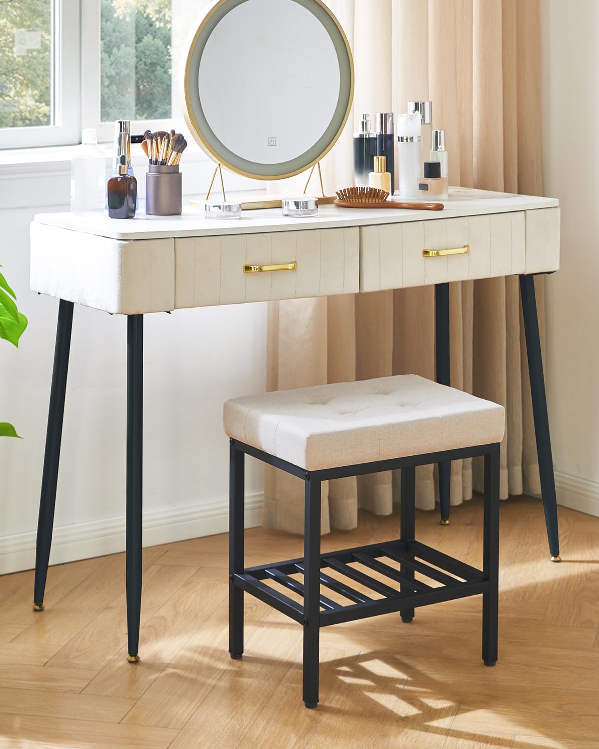 IBUYKE Rectangular Makeup Stool with Adjustable Feet and Storage Space, Footrest Chair, Linen Seat Vanity Stool, Multi-Use as Small Side Table or Ottoman, for Bedroom, Linen WBD017Y