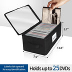 8 Pack Durable Fabric DVD Storage Box with Clear PVC Lid, Holds 25 Standard DVD Cases, Sturdy Non-Woven Fabric with Cardboard Support for Movie Collection, Black