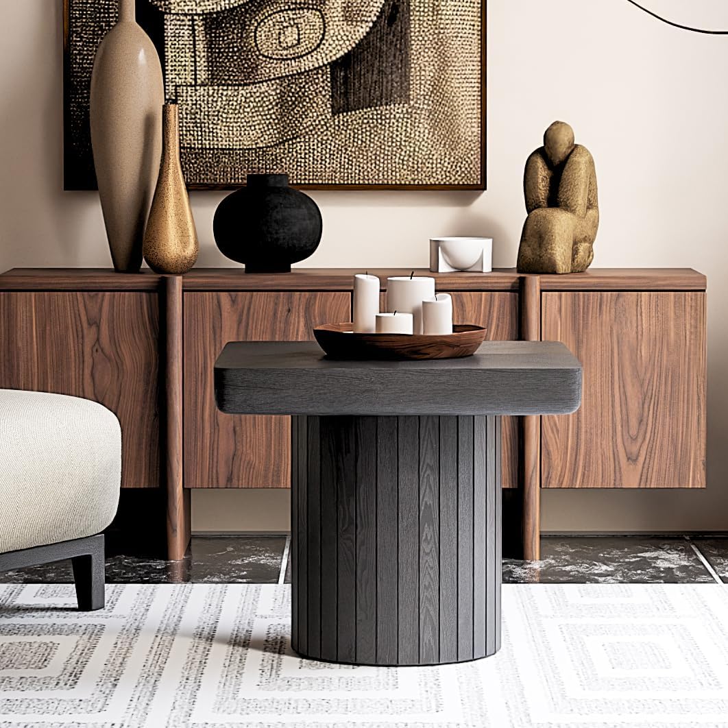 GOWE 23.6'' Modern Solid Wood Veneer End Table, Minimalist Square Side Table with Parquet Pattern, Grooved Cylindrical Base & Thickened Tabletop, Compact Accent Table for Living Room, Matte