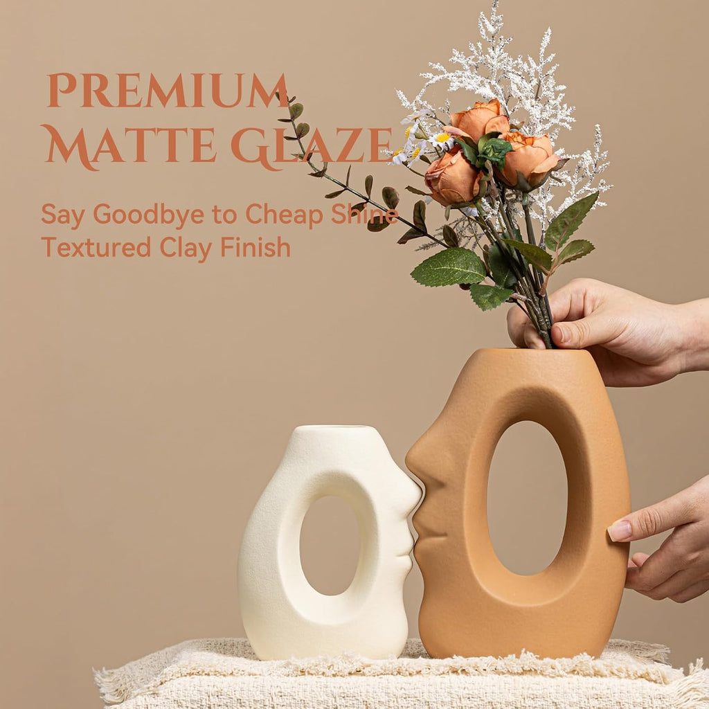Beige & Brown Ceramic Vases for Home Decor, Modern Abstract Face Vase Set of 2, Unique Boho Flower Vases for Living Room, Office, Entryway, Wedding for Couple, Home Gifts for Friends
