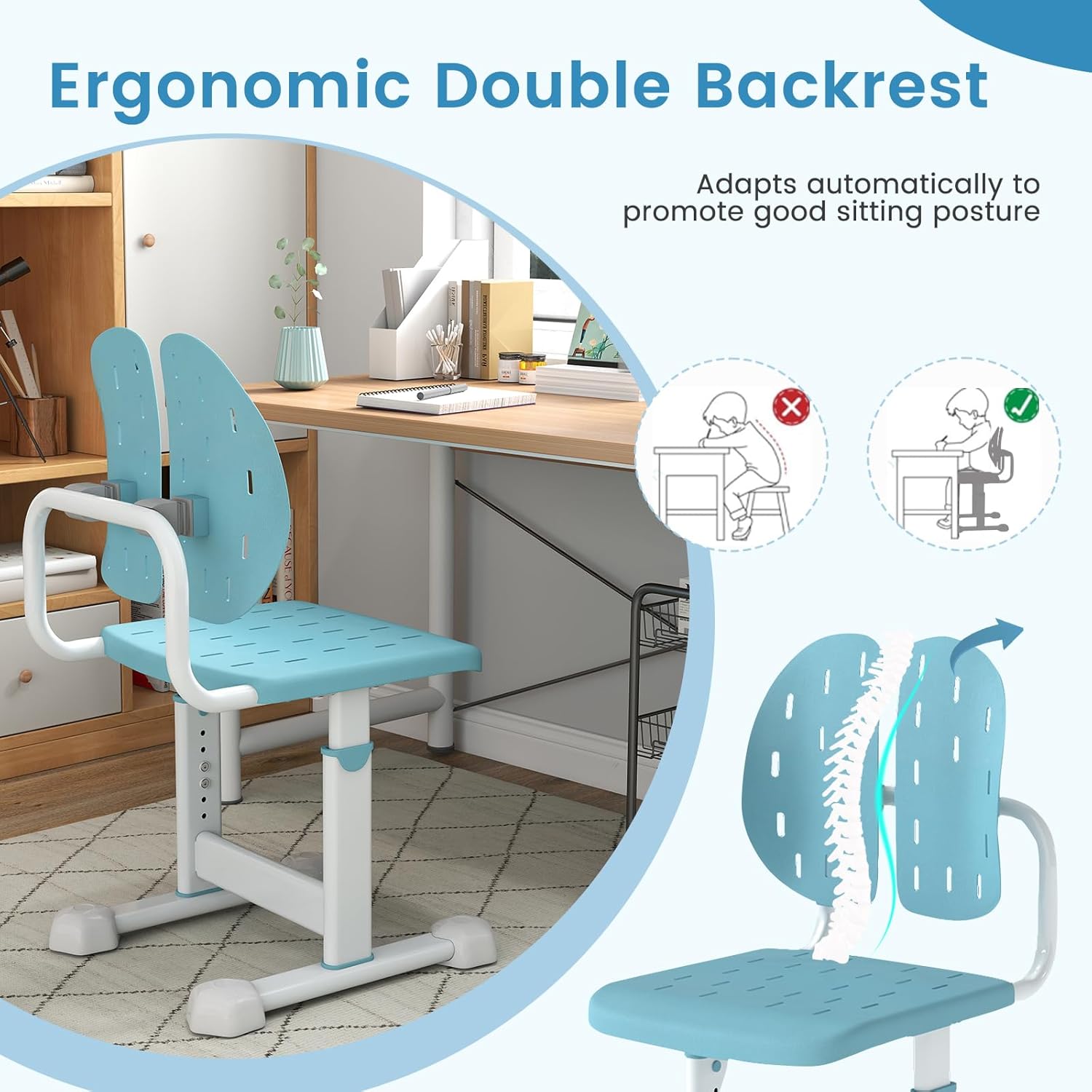 HONEY JOY Kids Desk Chair, Children Study Chair with Adjustable Height/Foot Pads, Adaptive Double Backrest, Kids Computer Chair for Teens Girls Boys, Home, School, Office (Blue)