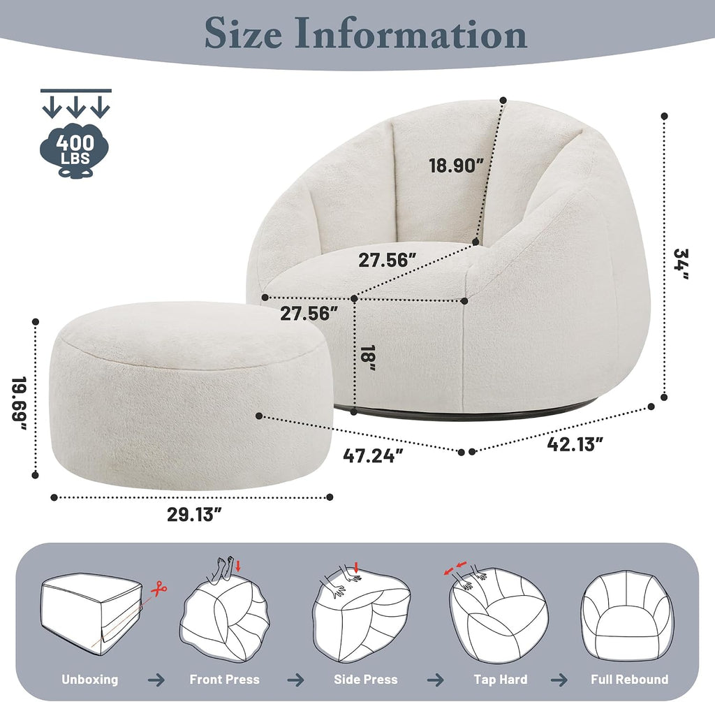 Gericco Swivel Giant Bean Bag Chair for Adults with Ottoman - Comfy Plush Round Shell Soft Accent Chaise Lounge Indoor Chair, Oversized Cozy Floor Sofa for Living Room, Bedroom & Game Rooms, Beige