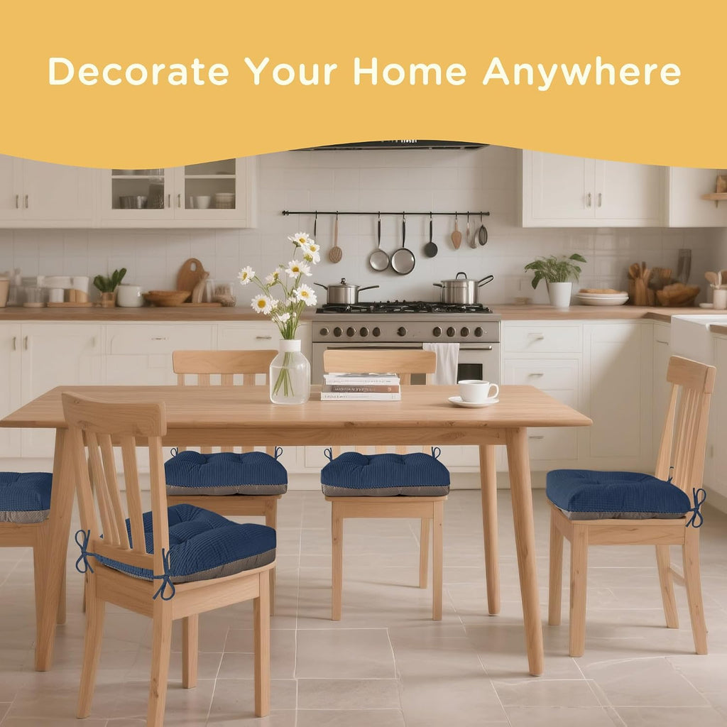 Kitchen Chair Cushions for Dining Chairs Set of 4, Tufted Kitchen Seat Cushions with Ties and Non-Slip Bottom 18"X16.5"X3" Dark Blue