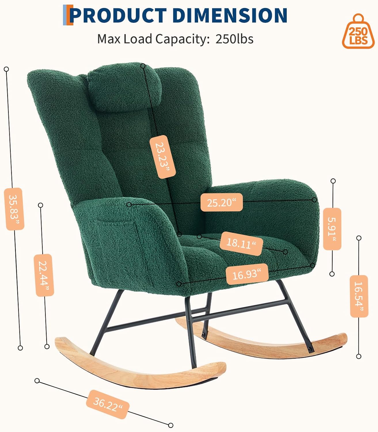 GarveeLife Nursery Rocking Chair,Teddy Upholstered Padded Seat Rocking Chair with High Backrest,Modern Accent Recliner for Living Room, Bedroom, Cozy Reading