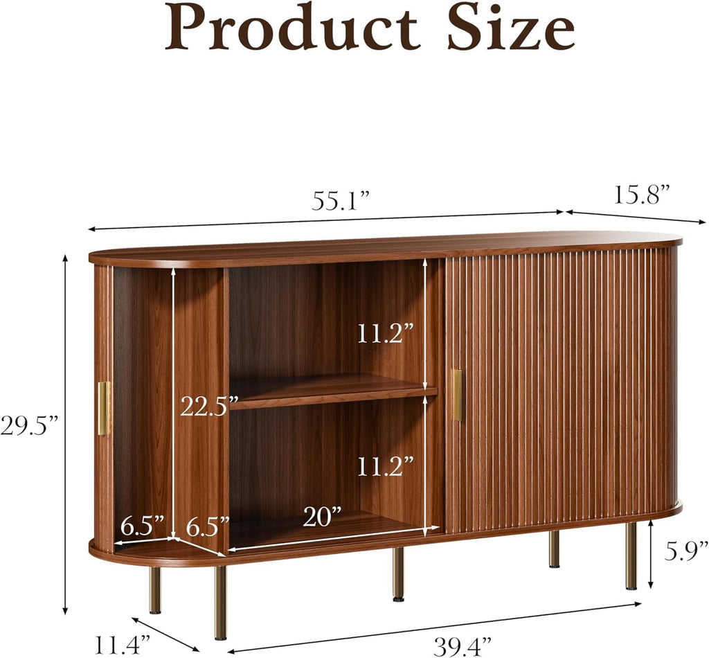 Sideboard Buffet Cabinet with Storage, 55 Inch Mid Century Modern Fluted Credenza with Sliding Door & Adjustable Shelf, Coffee Bar Cabinet for Kitchen, Living Room, Entryway