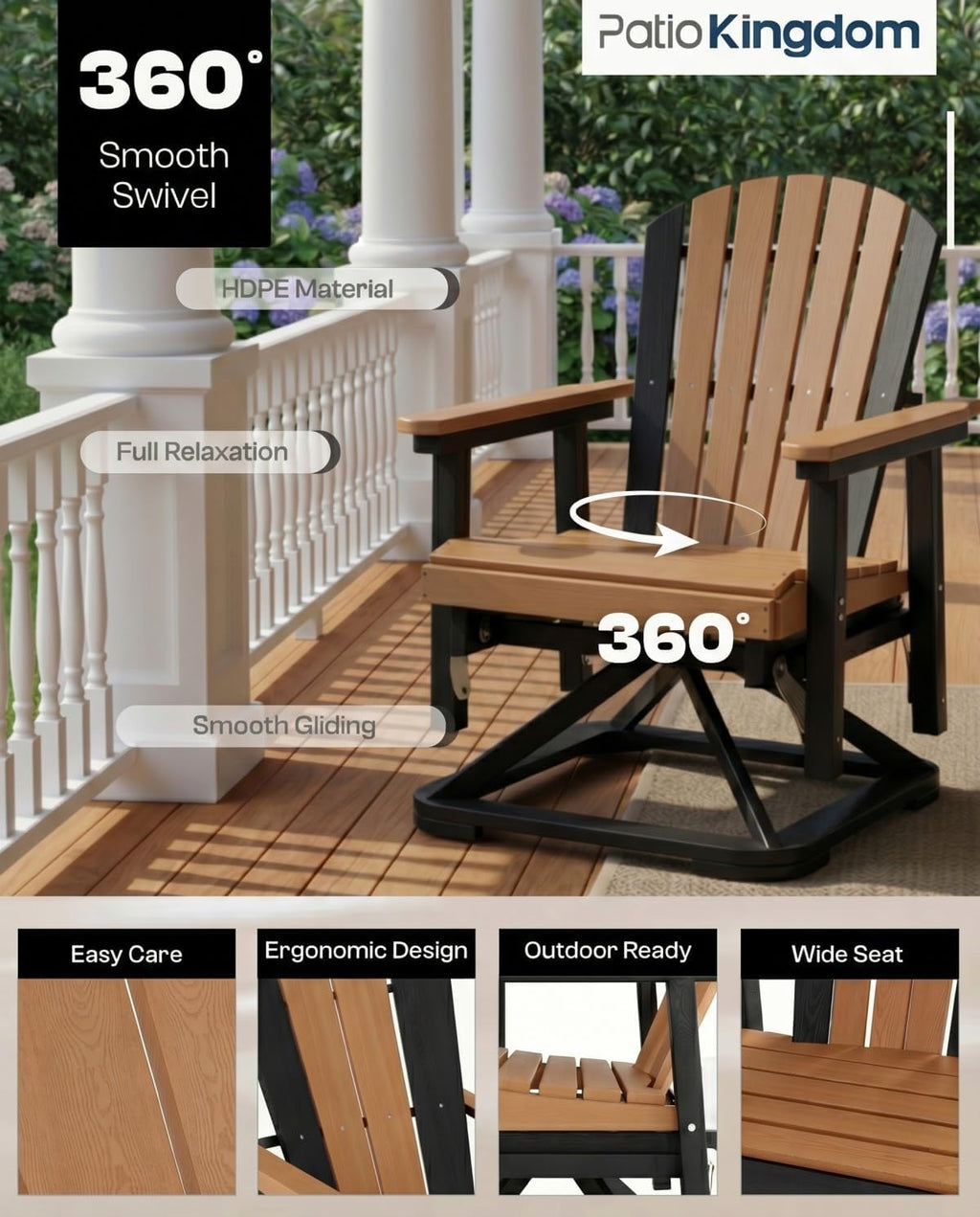 HDPE Swivel Glider Chair Outdoor, Weather Resistant Adirondack Outside Rocking Chair, Wooden Textured Outdoor Swivel Chair Set of 2 for Porch, Balcony, Poolside, Backyard (Black&Teak)