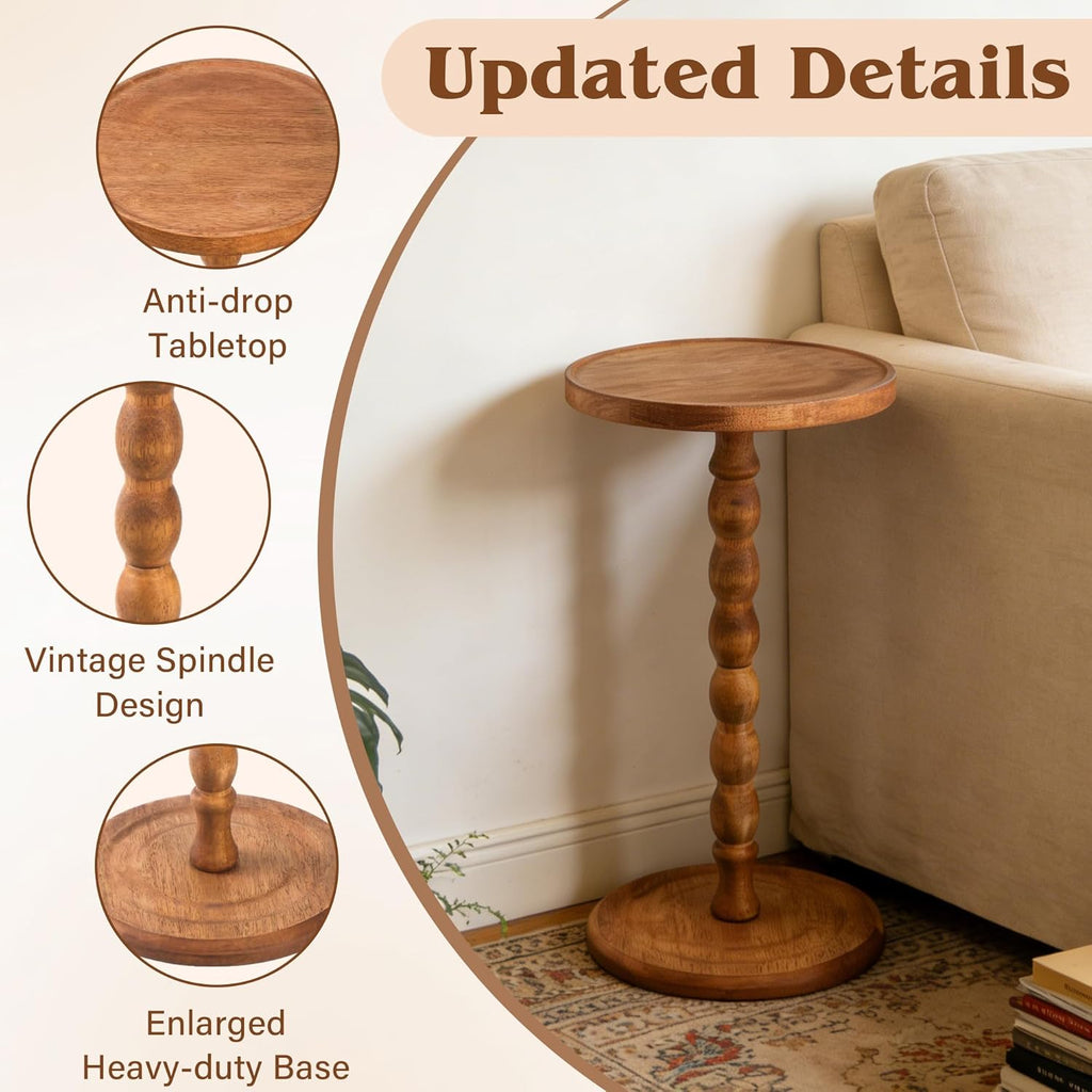 Round Side Table, Rubberwood Small Drink Table, Solid Wood Coffee Table with Pedestal Accent for Small Spaces in Living Room, Bedroom, Sofa Couch, Corners (Brown, Round)