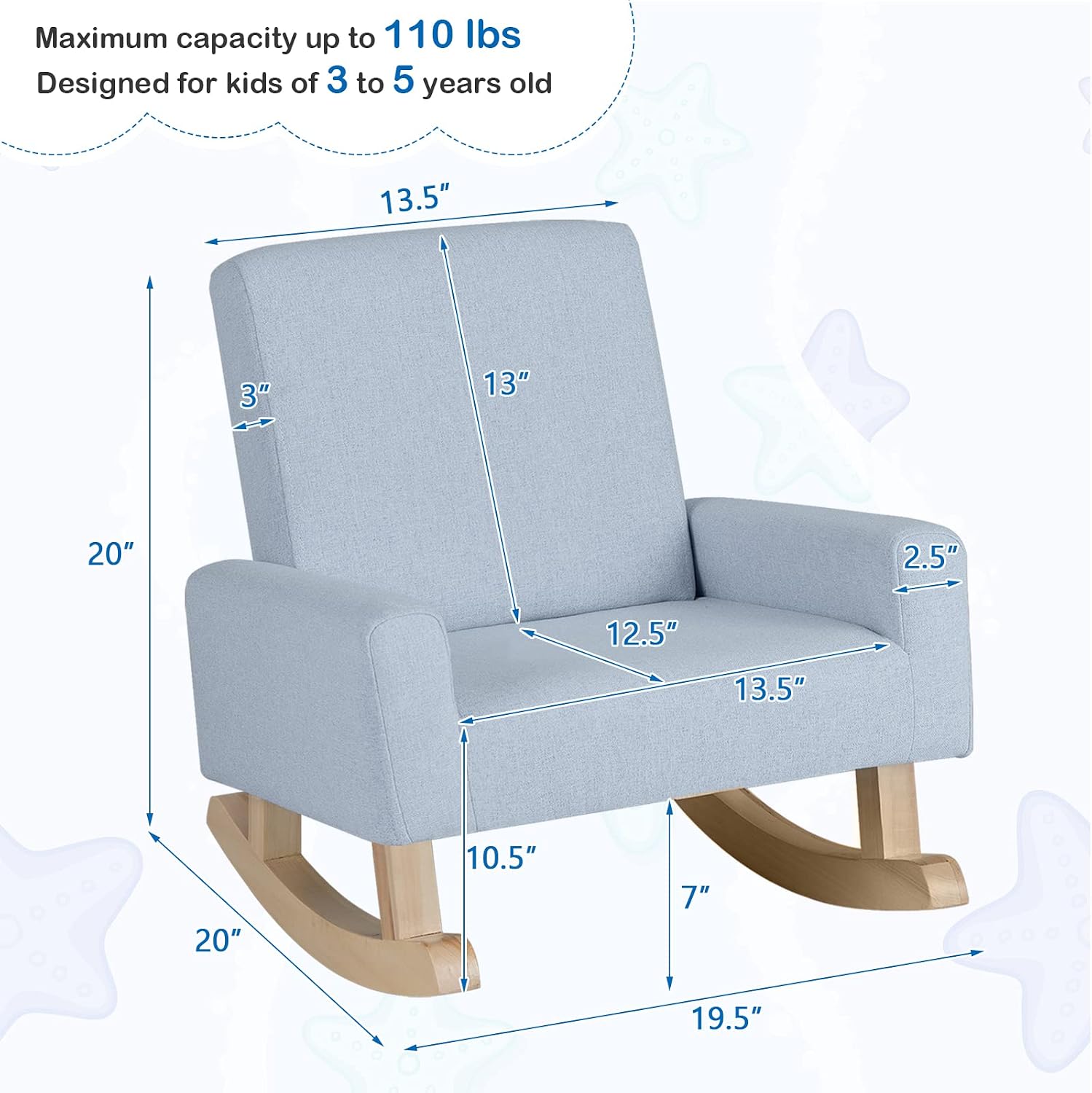 Costzon Kids Sofa, Toddler Rocking Chair with Solid Wood Frame, Linen Fabric, Anti-Tipping Design, Children Furniture Armchair for Kids Room, Nursery, Playroom, Preschool, Gift for Boys Girls (Blue)