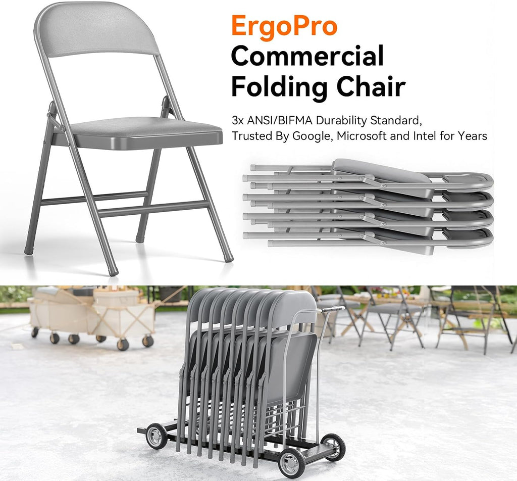 SKONYON Padded Folding Chairs Set of 6, 450LBS, PU Cushion, Gray | 6 pack gray folding chairs with cushioned seat & back, heavy duty steel frame, for party, dining & bulk event seating