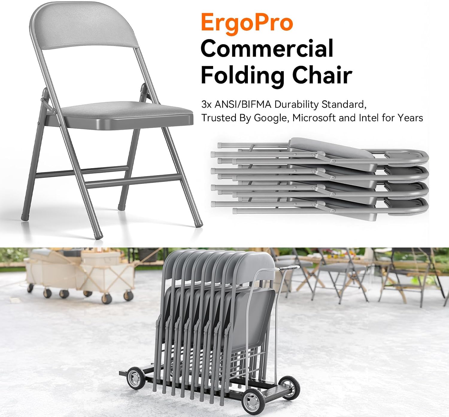 SKONYON Padded Folding Chairs Set of 6, 450LBS, PU Cushion, Gray | 6 pack gray folding chairs with cushioned seat & back, heavy duty steel frame, for party, dining & bulk event seating