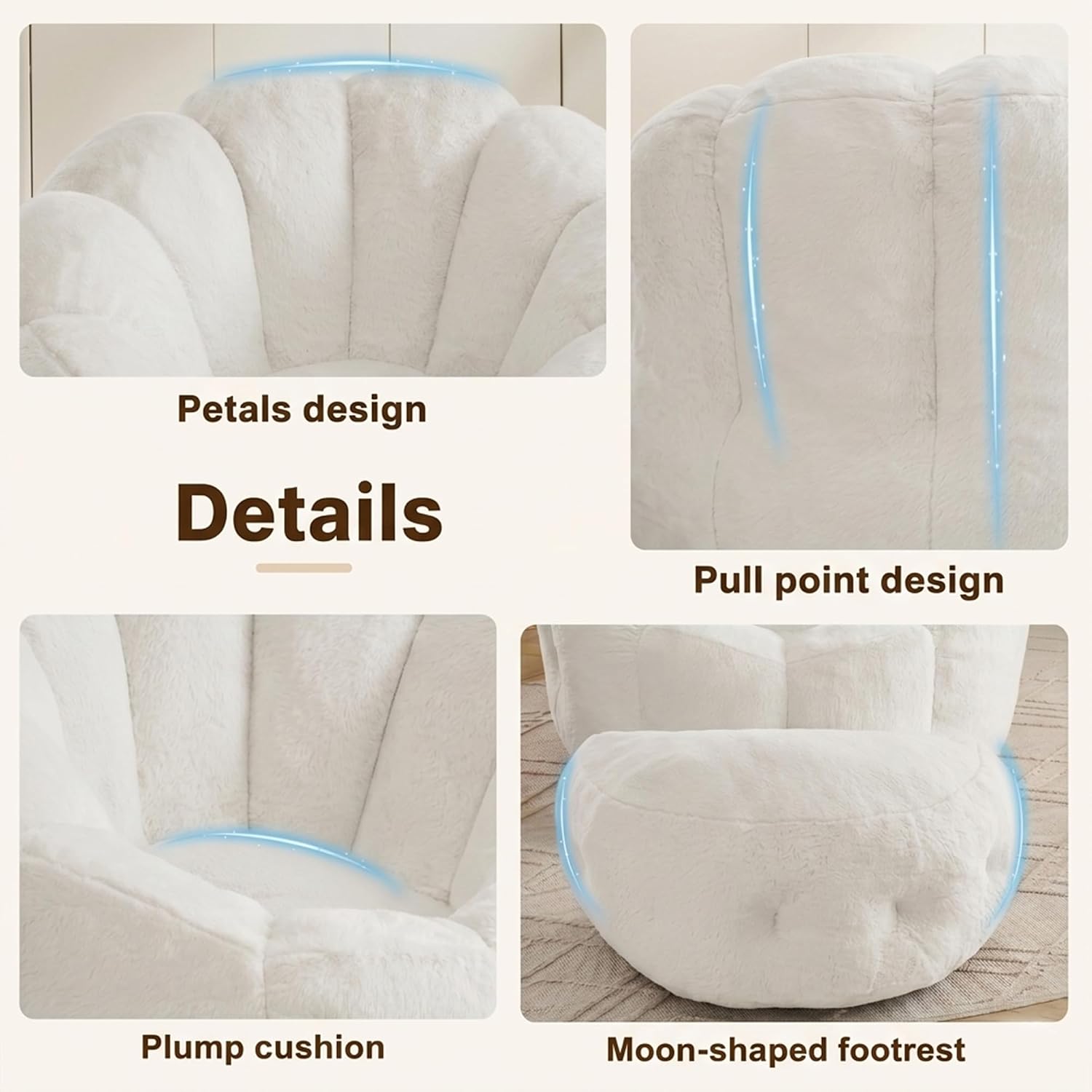 Mofolit 46" Oversized Flower Bean Bag Chair with Ottoman for Adults,Large Cozy Beanbag Chair with Artificial Rabbit Fur Fabric,Boneless Sofa for Living Room,Reading Room and Apartment.(Cream)