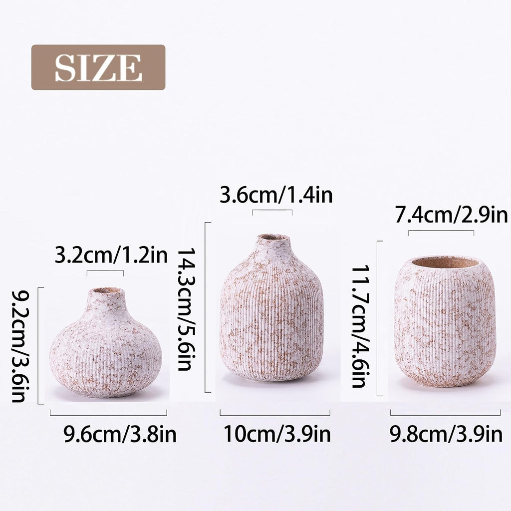 Modern Ceramic Vases Set 3, Stone Style Ribbed Vases Decorative for Table Shelf Decor Bookshelf Decoration