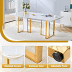 63" Dining Table,White Gloss Kitchen Table,1.8" Thick MDF Board Table Top Coated by Faux Marble Pattern with Chrome Plate Gold Base,Modern Dining Table for 6-8 People