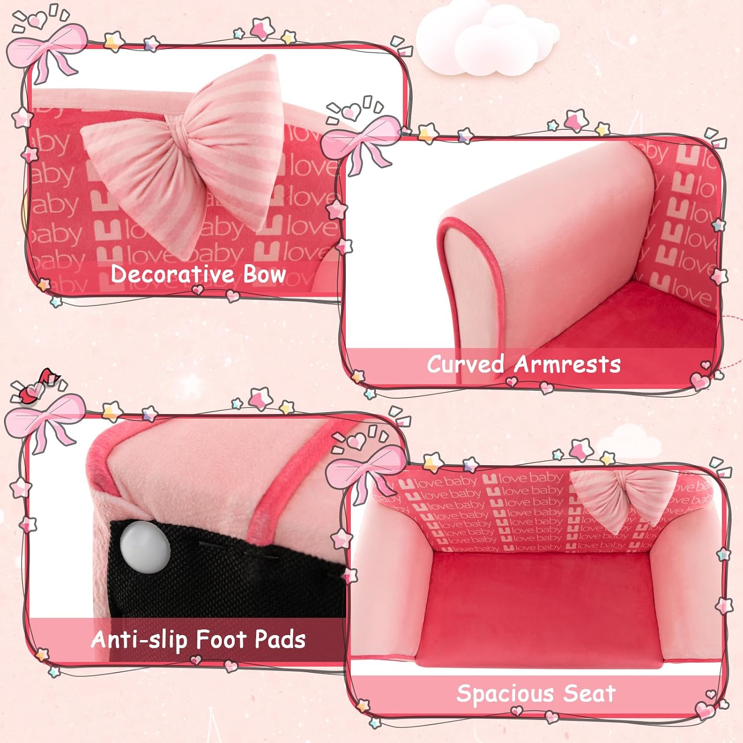 Costzon Kids Pink Couch, Toddler Mini Sofa for Kids Loveseat Aged 1-3, Upholstered Armchair with Velvet Surface & High-Density Sponge, Children's Sofa for Preschool Bedroom Playroom Gift Presents