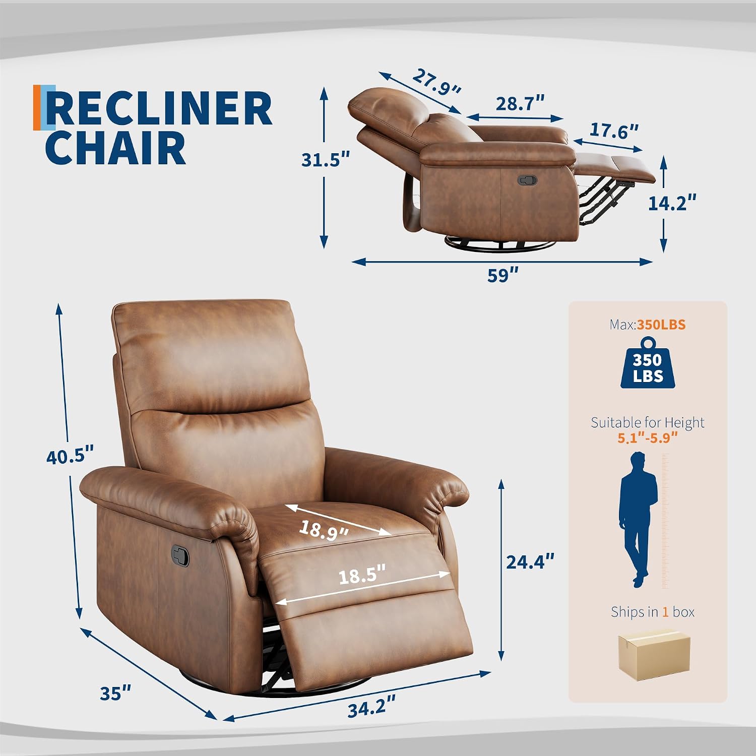 GAOMON Swivel Rocking Recliner Chair, Manual Leather Recliner Glider with Lumbar Support & Padded Armrest, Comfortable Rocker Nursery Single Sofa for Living Room and Bedroom (Orange)
