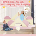 15pcs Modular Kids Play Couch Set Children Section Sofa Kids Convertible Toddler Couch for Children Bedroom Playroom Living Room (Pink+White)