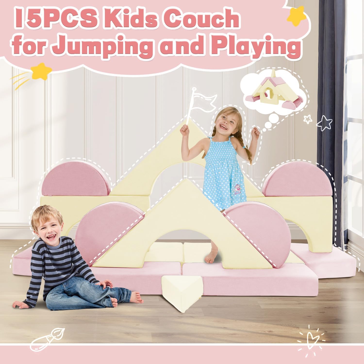 15pcs Modular Kids Play Couch Set Children Section Sofa Kids Convertible Toddler Couch for Children Bedroom Playroom Living Room (Pink+White)