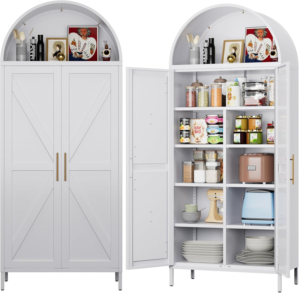 72.8" White Metal Arched Pantry Cabinet for Kitchen Storage, Tall 2-Door Cupboard with 6 Adjustable Shelves, Magnetic Closure & Anti-Tip Kit, 15.4" D x 30.7" W, Assembly Required