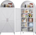 72.8" White Metal Arched Pantry Cabinet for Kitchen Storage, Tall 2-Door Cupboard with 6 Adjustable Shelves, Magnetic Closure & Anti-Tip Kit, 15.4" D x 30.7" W, Assembly Required