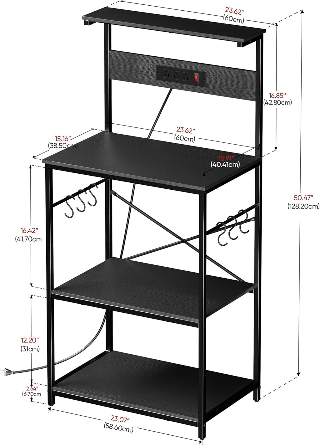 VUSIGN Kitchen Bakers Rack with Power Outlet, 4 Tiers Microwave Stand with Storage, 23.6 Inch Coffee Bar Station with 6 S Hooks, Adjustable Shelf Rack for Pots/Pans/Spices, Black
