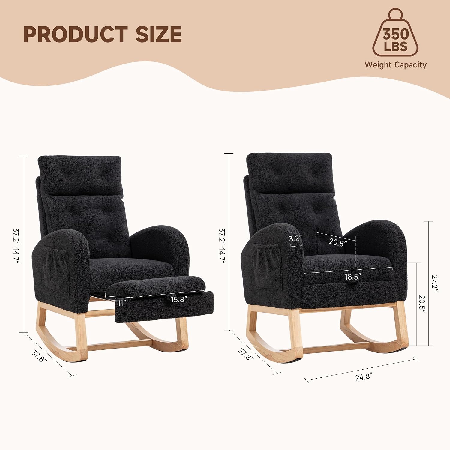 MINCETA Nursery Rocking Chair with Retractable Footrest, Teddy Fabric Upholstered Glider Rocker with High Backrest, Modern Accent Chair with Solid Wood Legs for Baby Room Living Room, Black