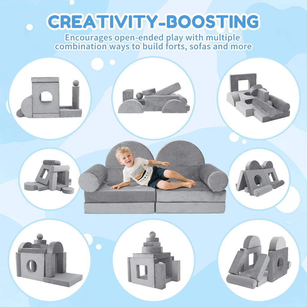 Modular Kids Play Couch 13Pcs Kids Sofa for Playroom, Bedroom, Nursery and Living Room Fold Out SofaBed Unlimited Creativity Sofas Convertible Play Fort (Dark Grey)