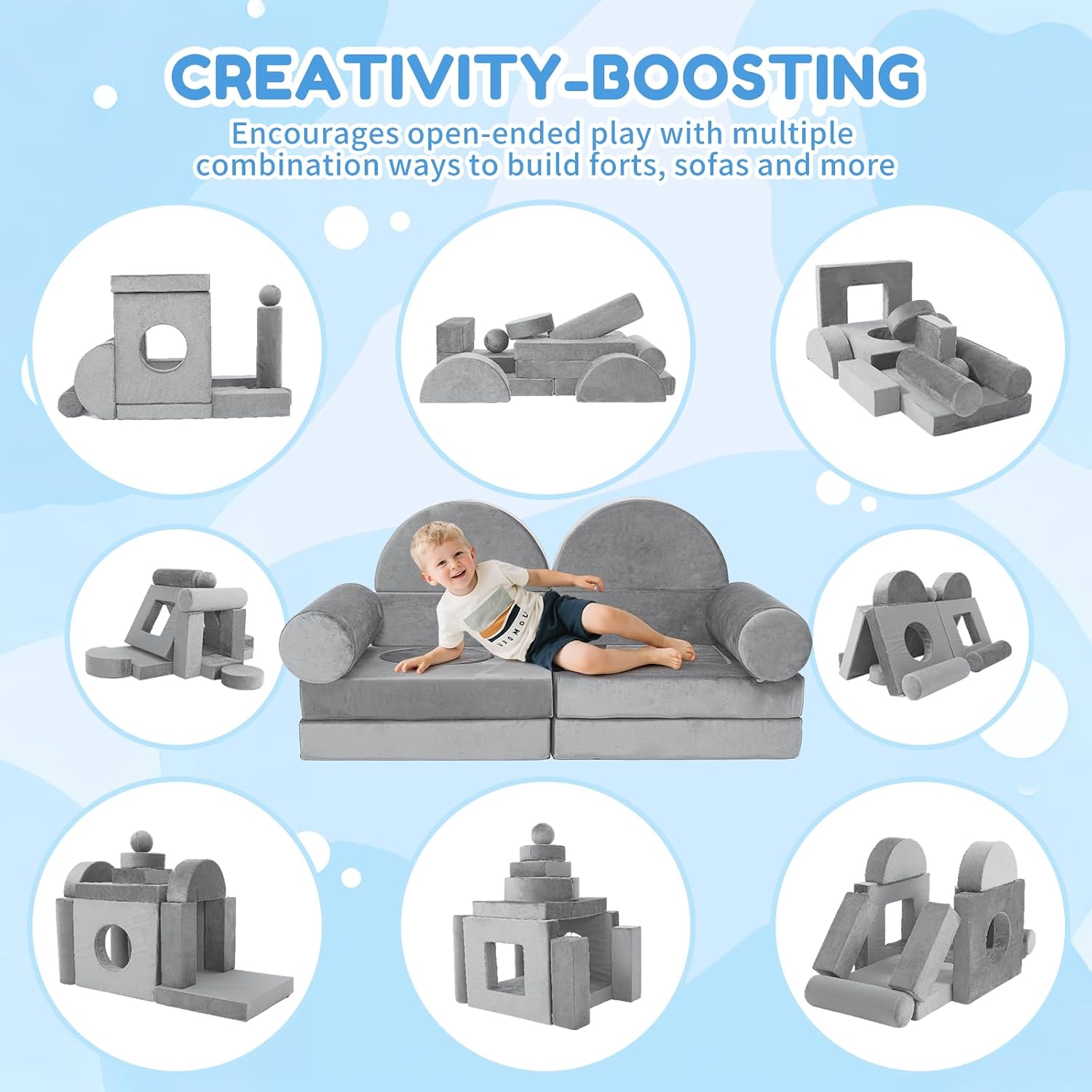 Modular Kids Play Couch 13Pcs Kids Sofa for Playroom, Bedroom, Nursery and Living Room Fold Out SofaBed Unlimited Creativity Sofas Convertible Play Fort (Dark Grey)