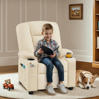 MCombo Big Kids Recliner for Ages 3+, Child Reclining Chair, Toddlers Recliner Sofa with Cup Holders, Faux Leather, 7322(Cream White)
