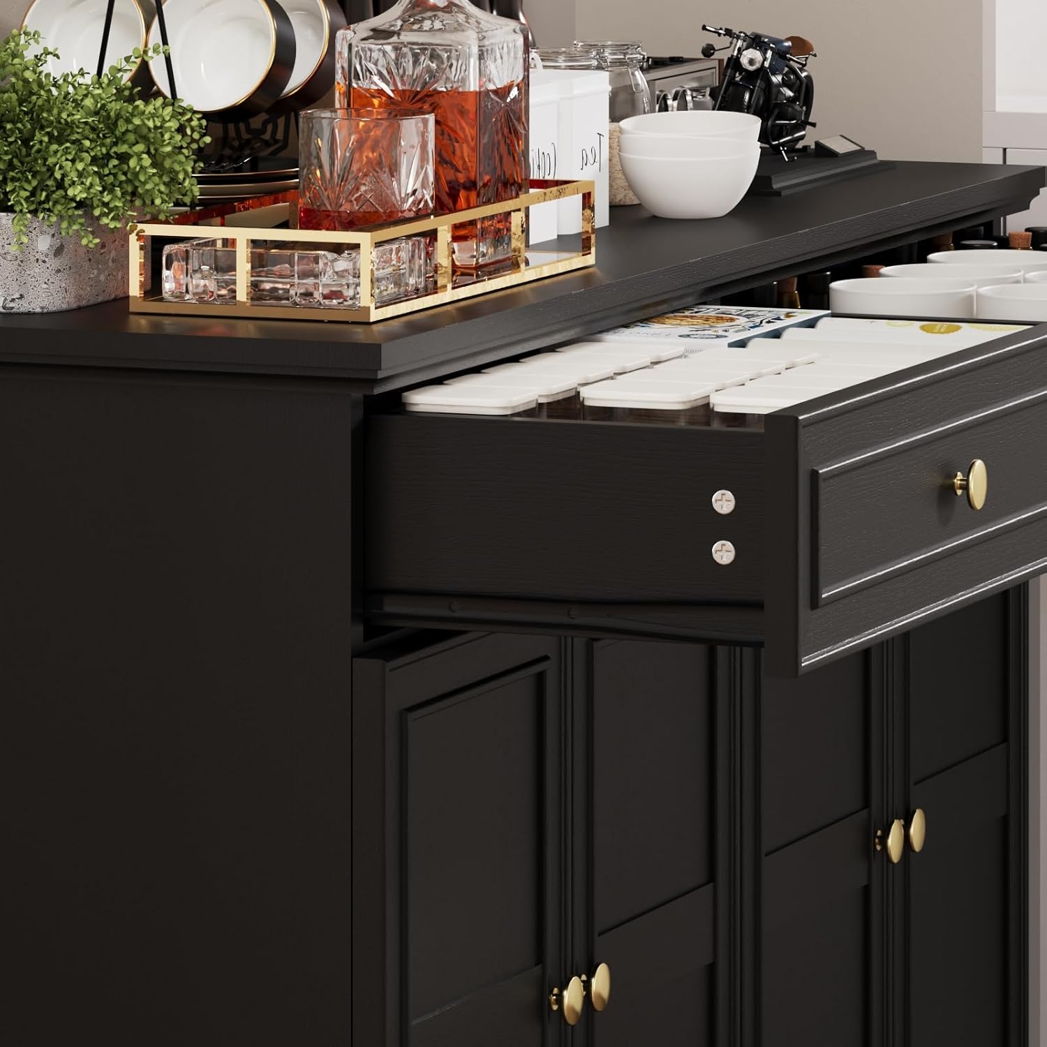 PROXRACER 48" Farmhouse Sideboard Buffet Cabinet with 2 Drawers & 4 Doors, Large Storage Spaces with Adjustable Shelves, Rustic Kitchen Dining Room Cabinet, Black