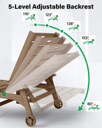YEFU Lounge Chair Outdoor Set of 2: Outdoor Chaise Lounge with 5-Level Adjustable Backrest, Cup Holders & Wheels, All-Weather Resistance Chaise Lounge for Outside/Patio/Beach/Deck, Teak