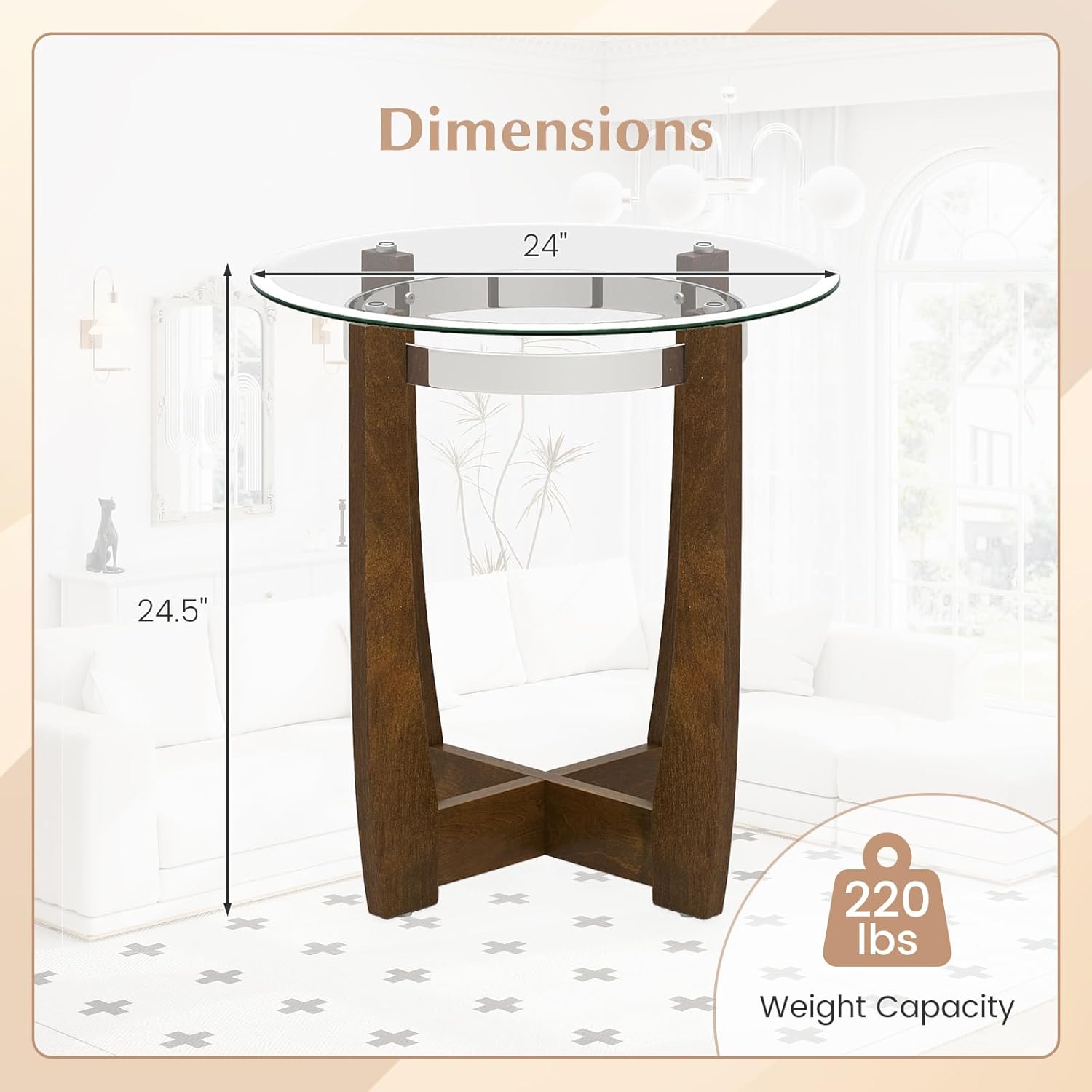Giantex Round Glass End Table Set of 2, 24’’ Side Table with Tempered Glass Top, Nightstands with Cross & Solid Rubber Wood Base, Compact Bedside Night Stand for Bedroom Office Living Room (2, Walnut)