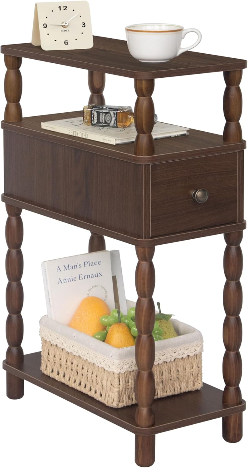 MaxSmeo Narrow Side Table, Small Nightstand with Drawer, Skinny End Table with Storage for Small Spaces, Bedroom, Living Room (Walnut Brown)