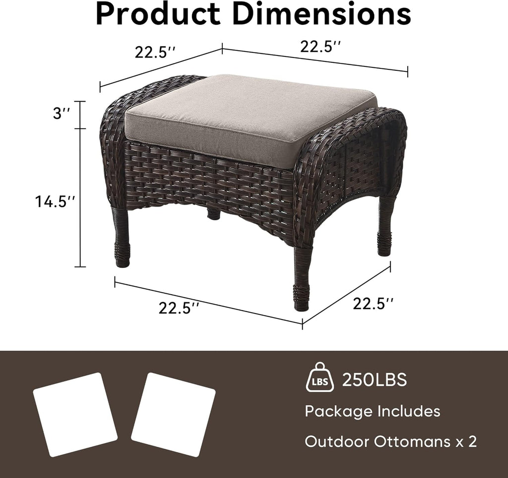 Outdoor Ottomans for Patio Foot Rest - 25 Inch PE Wicker Foot Stool Set of 2 with Removable Cushions for Patio Furniture Sets,All Weather Rattan Ottoman for Balcony Deck Blue/Gray