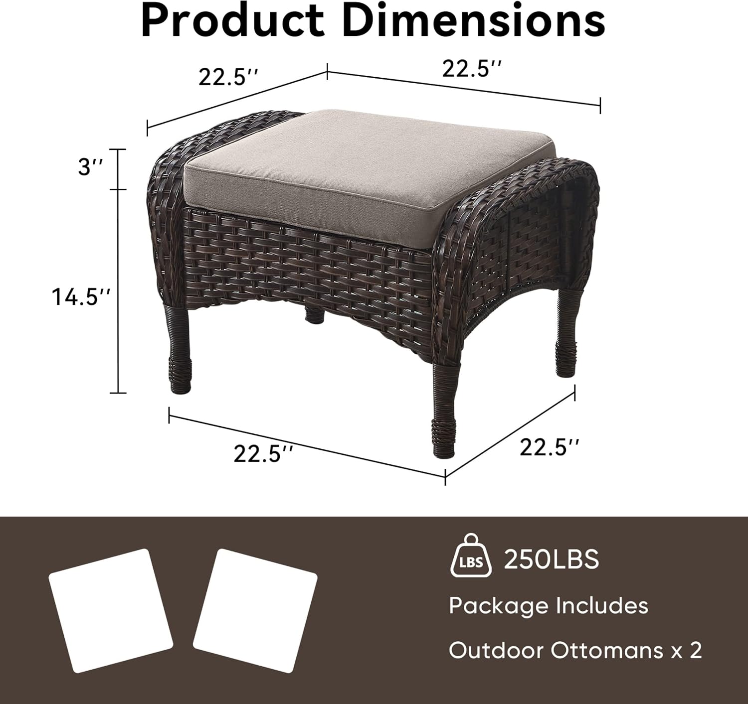 Outdoor Ottomans for Patio Foot Rest - 25 Inch PE Wicker Foot Stool Set of 2 with Removable Cushions for Patio Furniture Sets,All Weather Rattan Ottoman for Balcony Deck Blue/Gray