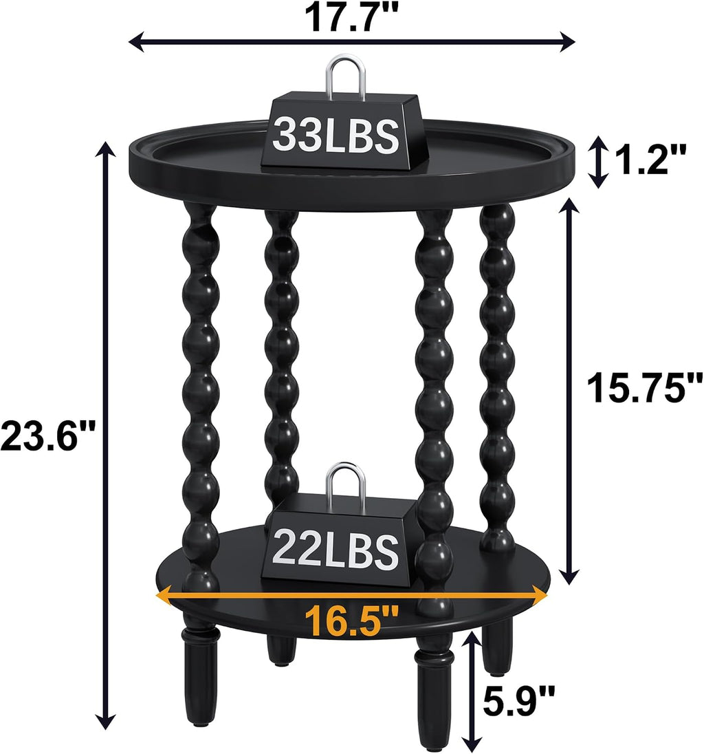 Round Side Table with Storage Shelf, 2 Tier Accent End Table with Spindle Legs, Modern Nightstand Beside Table for Living Room, Bedroom, Office, Black