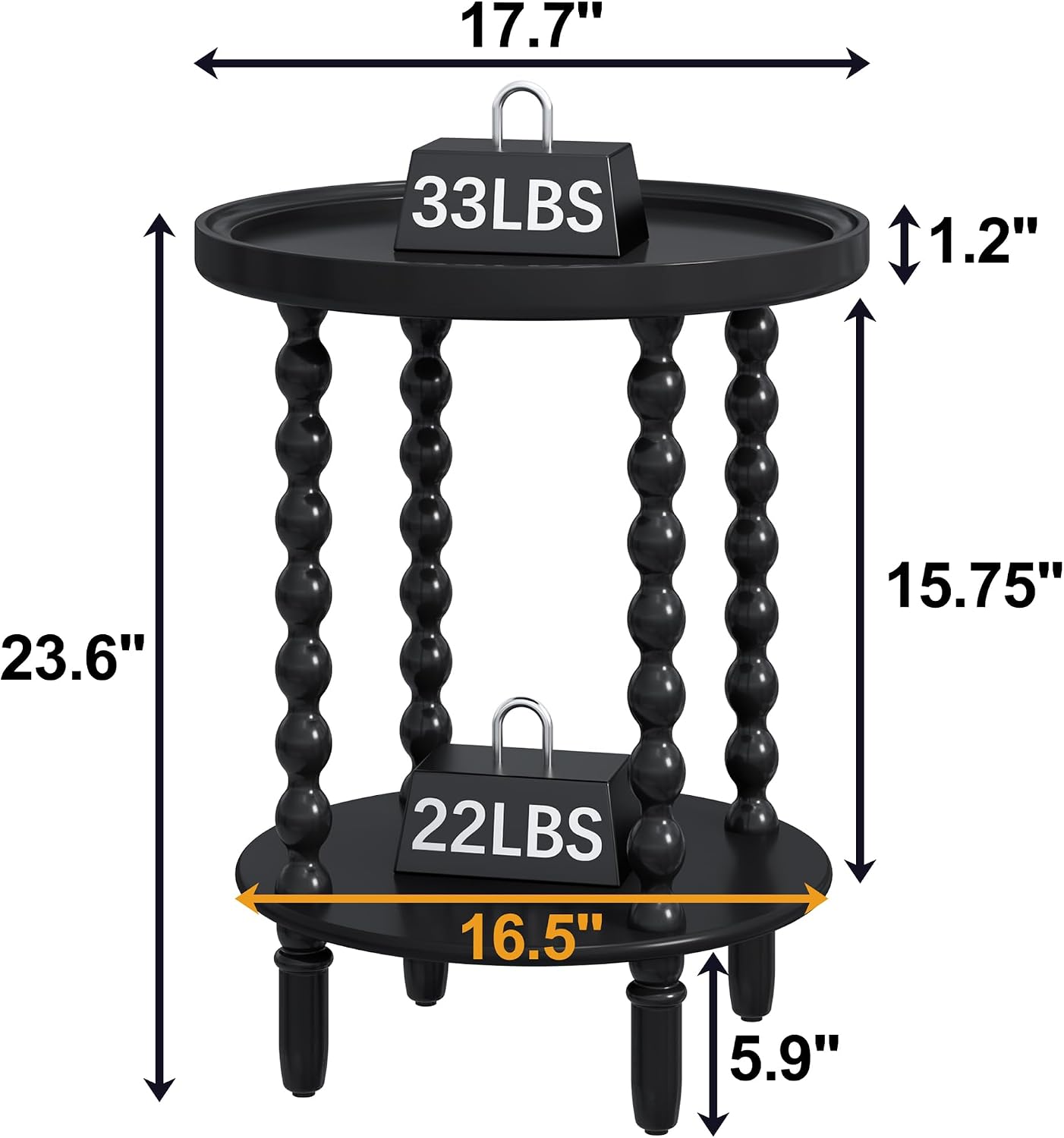 Round Side Table with Storage Shelf, 2 Tier Accent End Table with Spindle Legs, Modern Nightstand Beside Table for Living Room, Bedroom, Office, Black