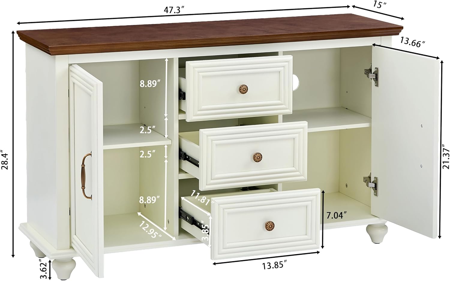 LKTART 47" Wood Sideboard Buffet Cabinet with Storage,Traditional Media Console with 2 Doors & 3 Drawers,Adjustable Shelves Credenza with Solid Wood Legs for Kitchen,Living Room,Brown+White