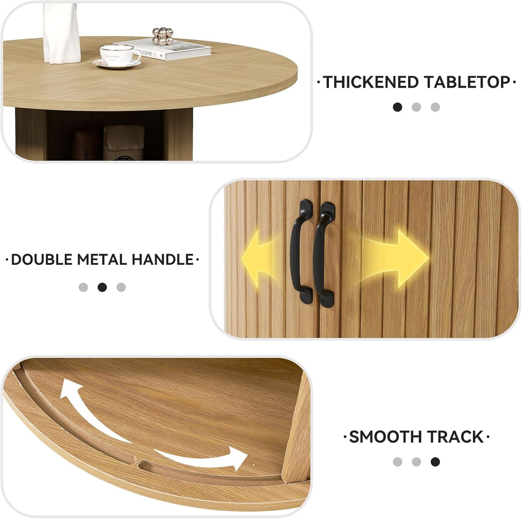 47" Round Dining Table for 4, Modern Fluted Circle Table with 2-Layer Storage and Sliding Door, Farmhouse Dinner Tables for Kitchen, Living Room, Natural