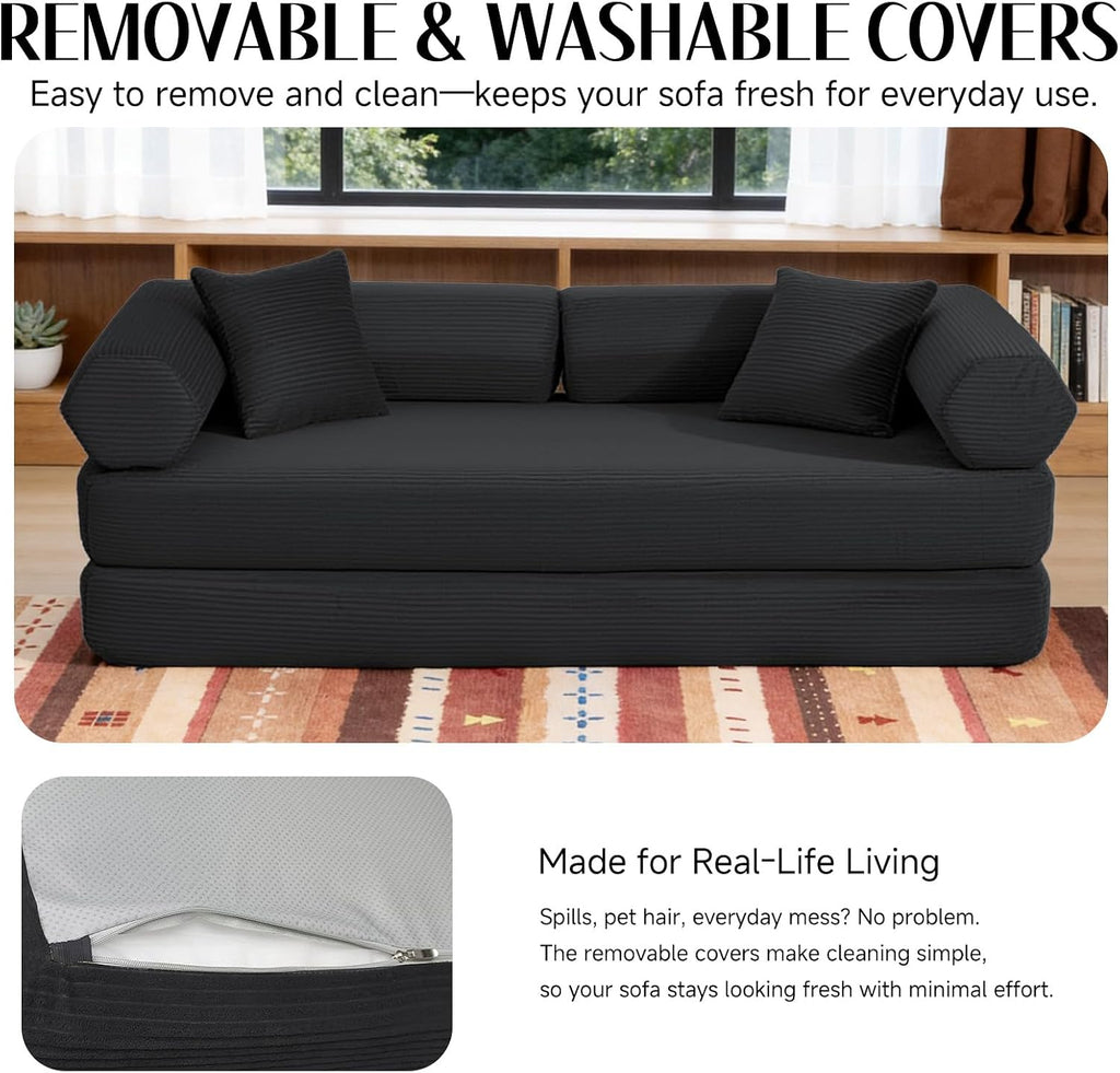 79" Corduroy Sofa Bed, Boneless Couch in a Box with 2 Pillows, High-Density Foam 4-in-1 Foldable Sleeper Futon Loveseat for Small Spaces, No Assembly, Side Pockets, Hex Arm Black