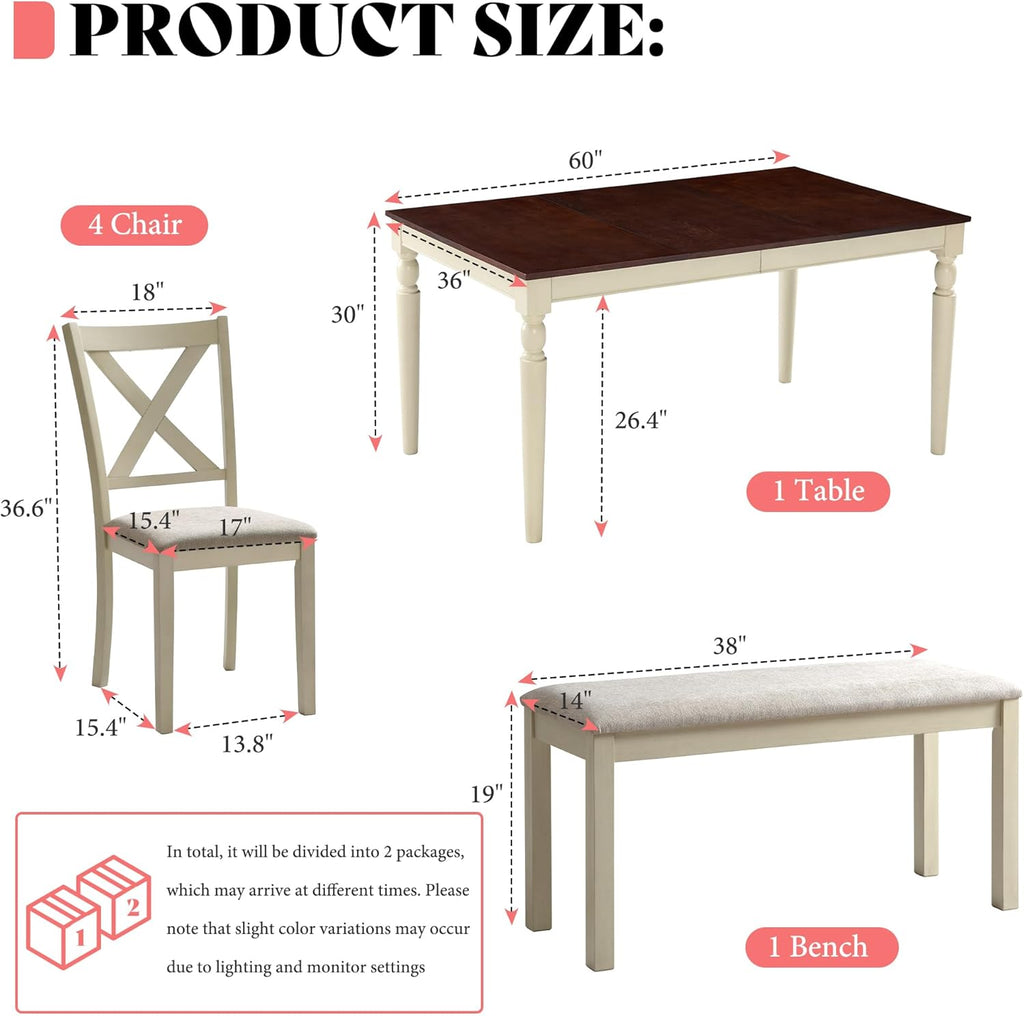 AMERLIFE 6-Piece Farmhouse Dining Table Set for 6-7, 60" Solid Wood Kitchen Table and Chairs, 1 Dining Table, 4 Upholstered Chairs and 1 Bench, Rustic Dining Room Set, Rustic White