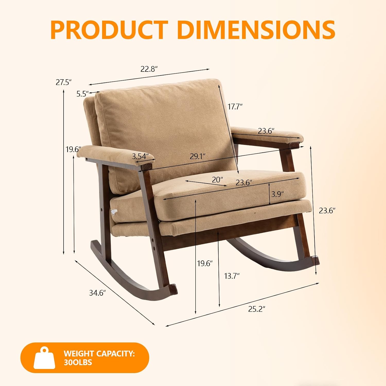 Nursery Rocking Chair with Upholstered Cushion, Wooden Frame Glider Rocker for Nursery, Comfortable Reading Armchair for Living Room, Bedroom & Sunroom (Khaki)