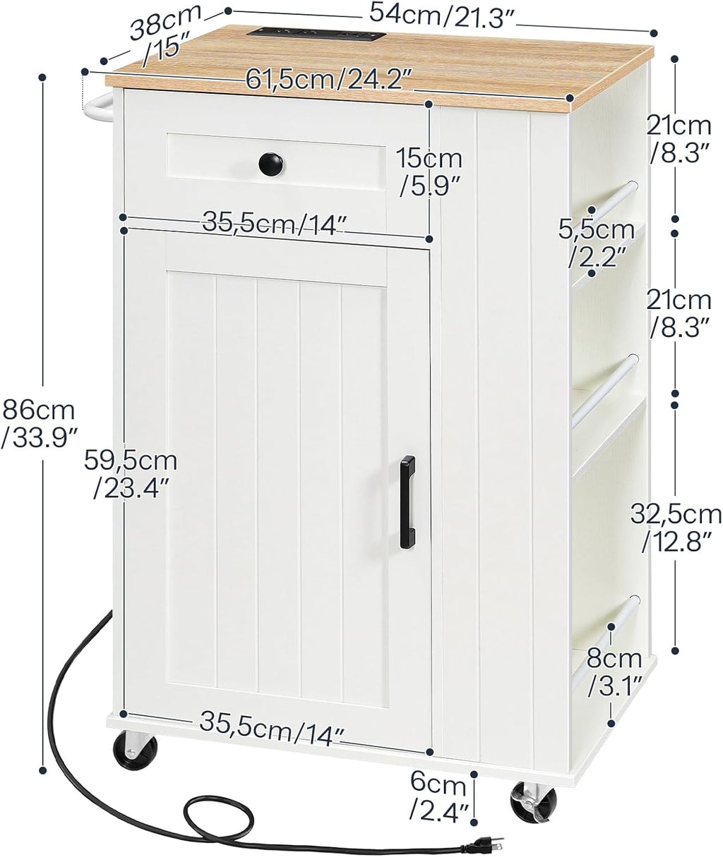 HOOBRO Kitchen Island on Wheels, Kitchen Island Cart with Power Outlet, Kitchen Storage Island with Spice Rack and Drawer, Island Table for Kitchen & Dining Room, White and Natural WN36UZD01