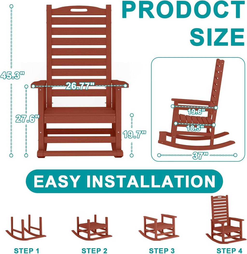 PLUUV Outdoor Rocking Chair with Removable Footboard for Adults, HDPE High Back Patio Rocking Chairs, 330lbs All Weather Porch Rocking Chairs for Outdoor & Indoor -Reddish Brown